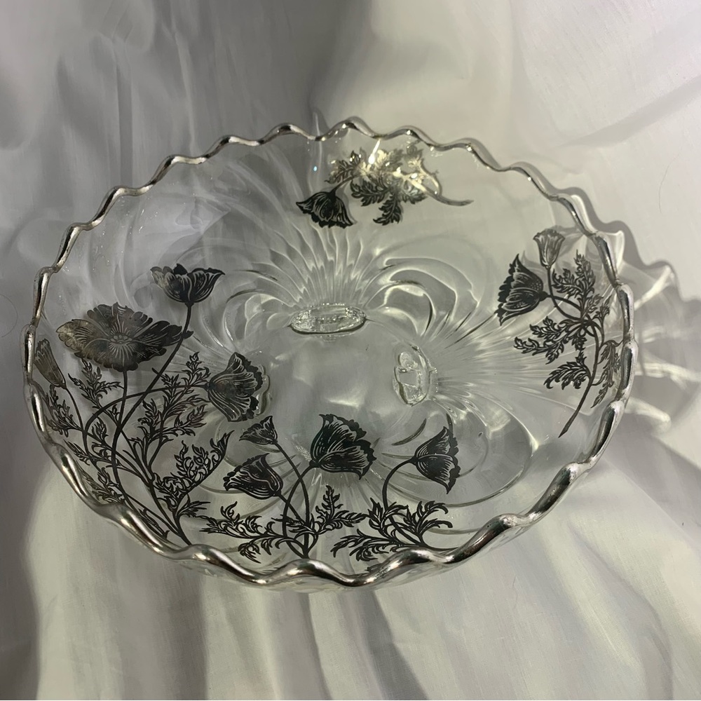 Silver City Glass Co. VTG Flanders Poppy Silver Overlay Crystal bowl 10”